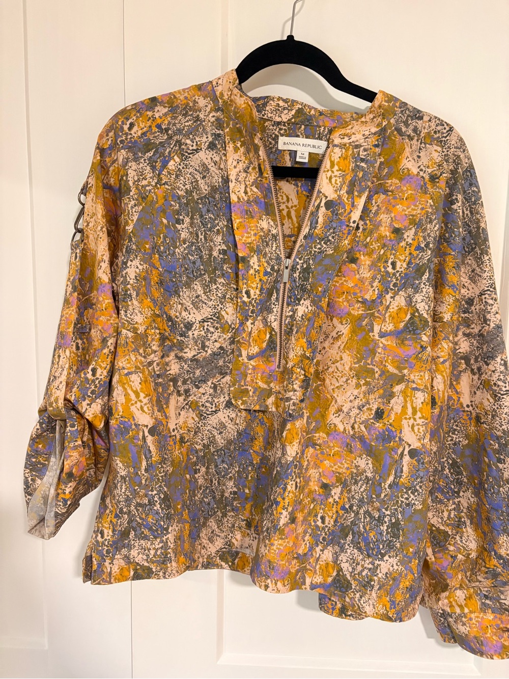 Banana Republic Abstract Print Quarter-Zip Blouse in Mustard, Blue & Cream